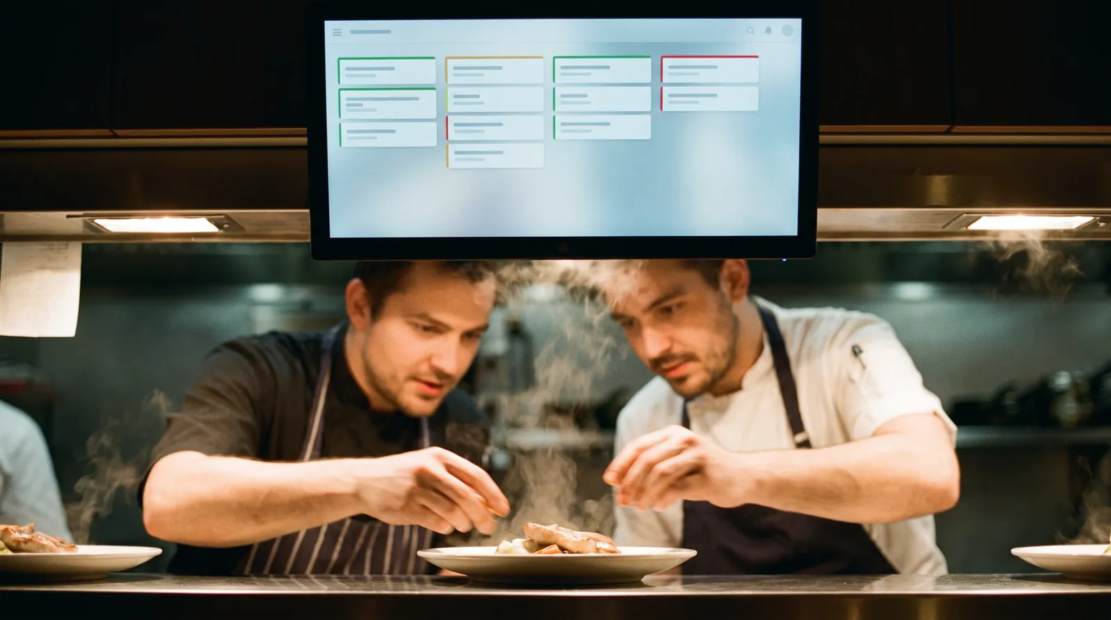Pantalla de pedidos sobre el pase de una cocina mientras dos cocineros emplatan