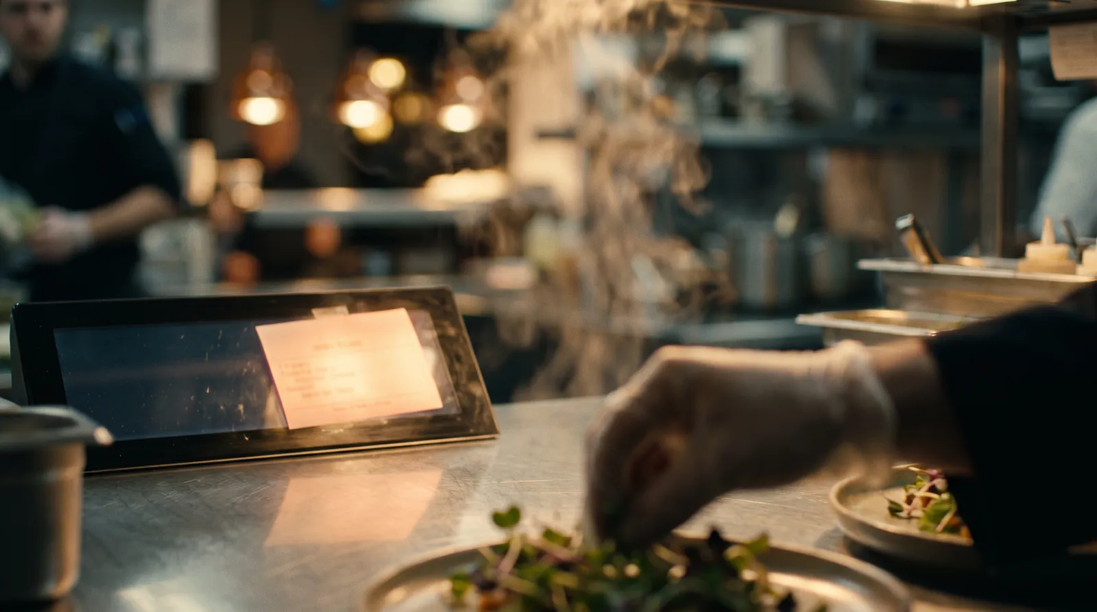 Cocinero emplatando junto a una pantalla de pedidos, con vapor