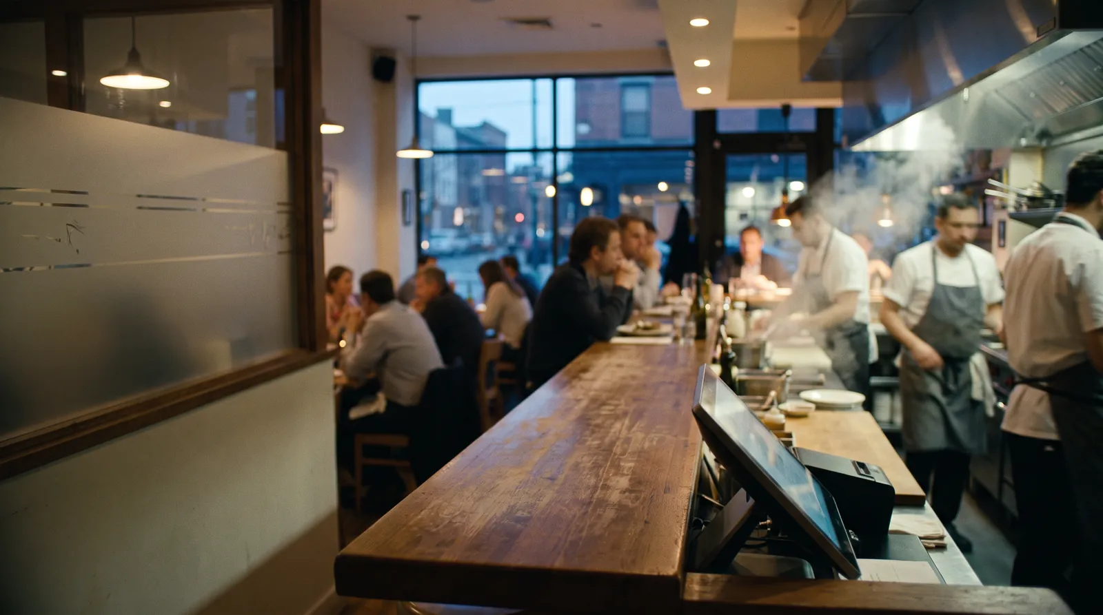 Salón de un restaurante con clientes en la barra y la cocina abierta al fondo